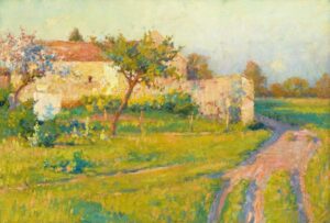 Färgstarkt plein air-landskap med hus, trädgård och lerig väg