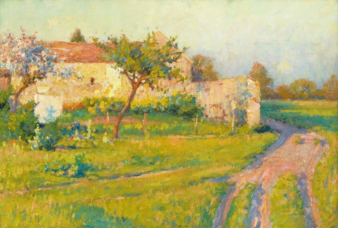 Färgstarkt plein air-landskap med hus, trädgård och lerig väg